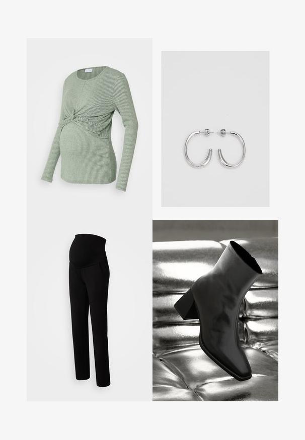 Tehotenský top v svetlozelenej prúžkovanej látke, s dlhými rukávmi a uzlovým dizajnom vpredu, prispôsobený rastúcemu brušku.; Tehotenské nohavice v čiernej farbe, so strečovým pásom pre pohodlie, bočnými vreckami, rovnou nohavicou a mäkkou textúrou látky.; Čierne členkové topánky vyrobené z lesklého materiálu so štvorcovou špičkou a zúženým podpätkom, na lesklom striebornom podklade s vystuženým vzorom.; Strieborné kruhové náušnice s hladkým, lesklým povrchom, majú zakrivený tvar a zapínanie na puzetu. Minimalistický dizajn s moderným vzhľadom.