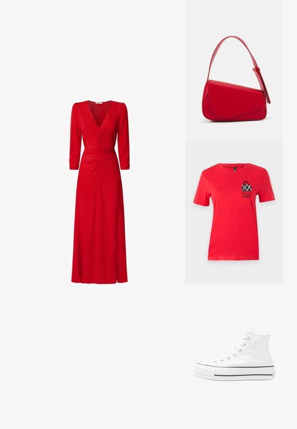 Punane puuvillane T-särk lühikeste varrukatega. Omab musta tikandiga käsitasku disaini valgete aktsentidega ning allpool on tekst "isiklik lemmik".; Punane kleit V-kaelusega, kolmeveerandvarrukatega ja kokku tõmmatud detailidega vöökoha ja selja juures. Kangas näib olevat sile ja kerge.; Valge kõrgem kangast tenniseking, millel on must kummist tald, ees kummist varvasetugi ja kuus aukku paelte jaoks, pakkudes puhta ja minimalistliku disaini.; Punane nahast käekott, millel on nurkadega geomeetriline disain. Omab ühte reguleeritavat rihma ja klappidega sulgemist, millel on õmblustega kaunistused.