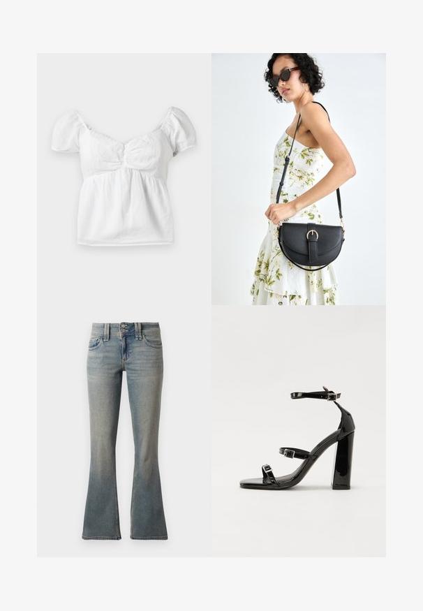 Bela bomba bluzica s puf rukavima, zbrana u struku i s zakrivljenim izrezom. Mekana tekstura i glatka obrada s lepršavim rubom.; Svetlo modri široki džinski hlače iz denima. Imajo dva sprednja žepa, zaponko na gumb in diskretno zbledelost po tkanini.; Črne lakaste sandale z visokimi petami, z dvema trakovoma z zaponkama, kvadratnim sprednjim delom in masivno širšo peto, z gladko, sijočo teksturo.; Črna usnjena torbica s ukrivljeno obliko, z odstranljivo naramnico in zlatimi dodatki. Torbica ima pokrov s podrobnostmi v obliki zaponke.