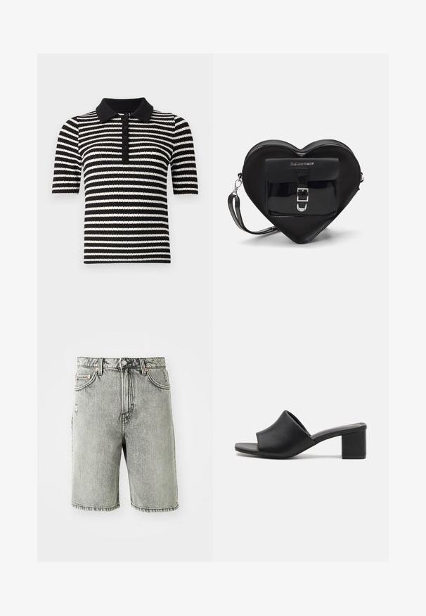 Černobíle pruhovaná polo triko s krátkým rukávem a žebrovanou texturou, s černým límečkem a knoflíkovou légou na přední straně.; Šedé džínové kraťasy s klasickým designem pěti kapes, s vybledlým povrchem a šitými detaily na lemu a pase.; Černé kožené muly na blokovém podpatku s otevřenou špičkou, s hladkým povrchem a mírně zakřiveným svrškem pro pohodlí a styl.; Černá taška ve tvaru srdce vyrobená z lakované kůže, s přední kapsou a uzávěrem na přezku, a s odnímatelným popruhem. Stříbrné kovové detaily.