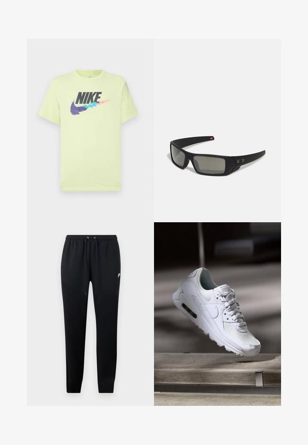 Ανοιχτό κίτρινο t-shirt Nike με μεγάλη μαύρη λογότυπο και πολύχρωμο σχέδιο swoosh με γκραντ. Διαθέτει στρογγυλή λαιμόκοψη και κοντά μανίκια.; Μαύρες φόρμες από μαλακό ύφασμα, με ελαστική μέση και κορδόνια, με μανσέτες στους αστραγάλους και μια μικρή λεπτομέρεια λογότυπου στο πλάι.; Λευκό αθλητικό παπούτσι Nike Air Max 90 με άνω μέρος από διχτυωτό και δερμάτινο υλικό, τρυπητό μπροστινό μέρος και ορατή μονάδα αέρα στη φτέρνα.; Μαύρα γυαλιά ηλίου με ματ φινίρισμα, ορθογώνιους φακούς, ελαφριά καμπύλη στους βραχίονες, διακριτική λεπτομέρεια λογότυπου και φακούς με καπνιστό τόνισμα.