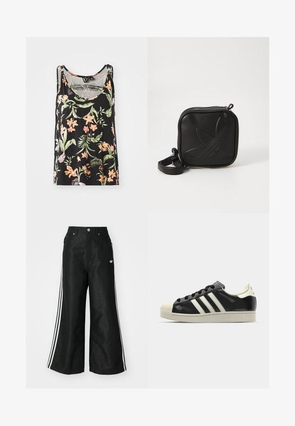 Schwarzes ärmelloses Tanktop mit floralem Muster aus rosa und orangefarbenen Blumen sowie grünen Blättern. Weicher Stoff mit lässiger Passform.; Schwarze, weit geschnittene Jeans mit drei weißen Streifen an jeder Seite und einem kleinen weißen Logo. Mit vorderen Taschen und einem Knopfverschluss.; Schwarze Ledersneaker mit weißen Streifen, Gummikappe, schwarzen Schnürsenkeln und einer cremefarbenen Sohle. Glatte Textur mit glänzender Oberfläche.; Schwarze Umhängetasche aus strukturiertem synthetischem Material. Verfügt über ein eingeprägtes Logodesign und einen verstellbaren Riemen. Mit Reißverschluss geschlossen.