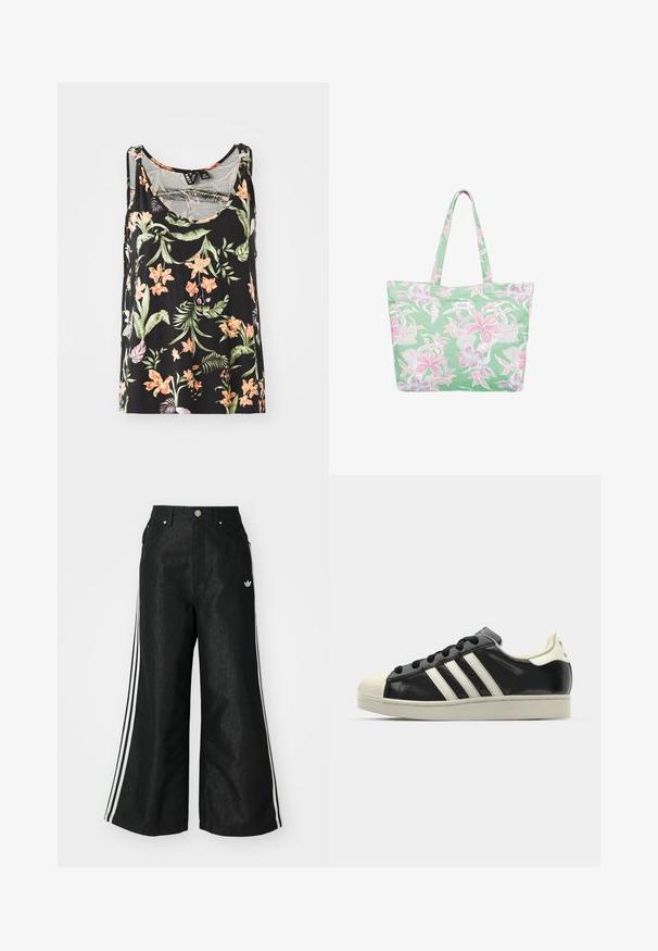Čierny bezrukávový top so vzorom kvetín, na ktorom sú ružové a oranžové kvety a zelené listy. Mäkký materiál s voľným strihom.; Čierne džínsy s širokým strihom, s tromi bielymi pruhmi po stranách a malým bielym logom. Obsahujú predné vrecká a zapínanie na gombík.; Čierne kožené tenisky s bielymi pruhmi, gumenou špičkou, čiernymi šnúrkami a krémovobielou podrážkou. Hladký povrch s lesklým finišom.; Zelená taška na rameno s kvetinovým vzorom v ružovej a bielej farbe, s dvoma popruhmi a malou nálepkou vpredu. Materiál z bavlny alebo plátna.