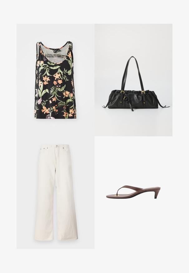 Top senza maniche di colore nero con un motivo floreale composto da fiori rosa e arancioni e foglie verdi. Tessuto morbido con una vestibilità comoda.; Pantaloni in denim bianchi a gamba larga con vita regolabile tramite cordoncino, tasche frontali e dettagli di cucitura discreti. Realizzati in robusto cotone.; Infradito con tacco marroni, dotati di una fascia sottile e un puntale arrotondato, con un piccolo dettaglio dorato sulla soletta.; Borsa a tracolla nera in pelle con parte superiore arricciata, due manici, dettagli in metallo dorato e un accent centrale circolare. Texture liscia, forma compatta.