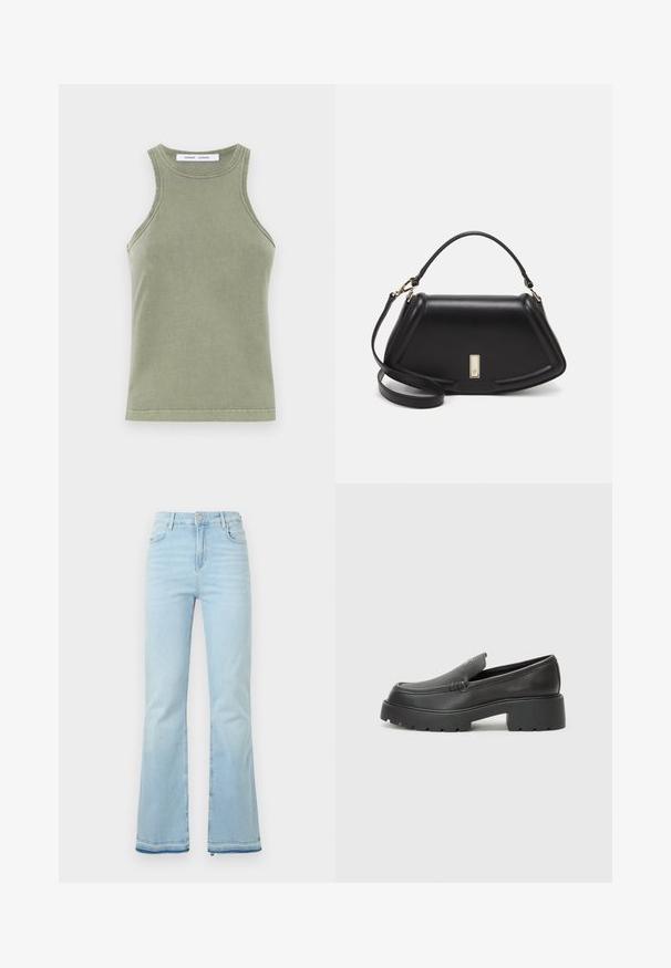 Maslinasto zelena majica bez rukava izrađena od mekog pamuka, s okruglim izrezom, bez rukava i ušivenim rubovima. Jednostavan, prilagodljiv oblik.; Svijetloplave traperice s širim nogavicama, visokog struka, s prednjim džepovima i sirovim rubom na manžetama za ležeran izgled.; Crne kožne loaferice s zaobljenim vrhom, debelim teksturiranim potplatom i minimalnim detaljima šivanja. Elegantna izrada bez vidljivih vezica ili metalnih elemenata.; Crna kožna torba s strukturiranim dizajnom, s krojenim oblikom, gornjom drškom i zlatnim detaljima. Uključena je podesiva ramena traka.