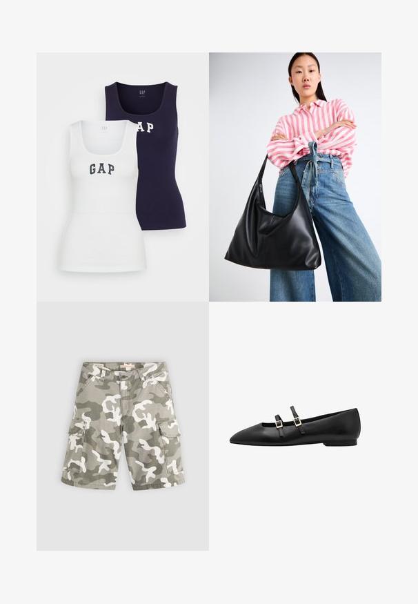Two tank tops in white and navy, featuring a ribbed texture, scoop neck, and the word "GAP" printed in contrasting colors on the front.; Levi's® BAGGY DAD CARGO SHORT - Denim shorts - bader camo agate gray; Black leather flat shoe with a pointed toe, featuring two black straps and gold square buckles. Smooth texture and low-profile sole.; Black leather shoulder bag with a slouchy shape and seam details. Model wears a pink and white striped shirt with wide-leg blue jeans.