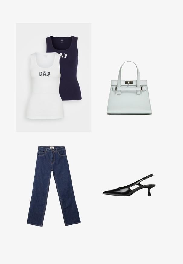 Dwa topy bez rękawów w kolorze białym i granatowym, z ryflowaną teksturą, okrągłym dekoltem i napisem "GAP" wydrukowanym w kontrastowych kolorach z przodu.; Granatowe dżinsy o prostym kroju z przednimi kieszeniami, szlufkami na pasek i z zapięciem na guzik.; Czarne lakierowane czółenka na odkrytej pięcie z wąskim noskiem, z wykrojem po bokach i małym kwadratowym obcasem. Gładka faktura z minimalnymi akcentami.; Jasnoniebieska torebka o strukturalnym designie, z dwoma uchwytami i zapięciem w srebrnym odcieniu. Teksturowany materiał i ostre krawędzie.