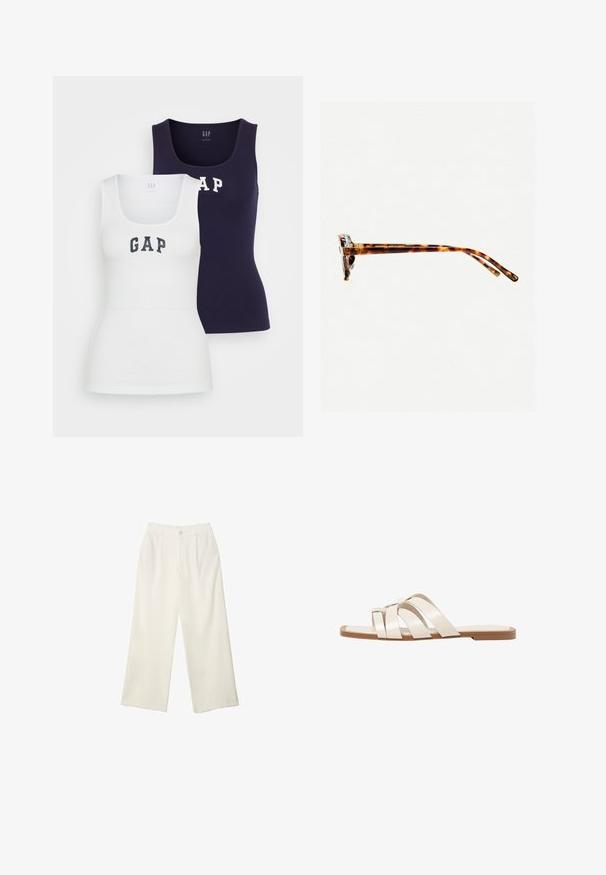 Dvě tílka v bílé a námořnické modři, s ribovanou texturou, výstřihem do kulata a nápisem "GAP" vytištěným v kontrastních barvách na přední straně.; Široké kalhoty z krémové látky s hladkým povrchem, s jediným předním knoflíkem, jemnými skladbami a vysokým pasem.; Ploché sandály s hnědou gumovou podrážkou, navržené se třemi překrývajícími se bílými koženými řemínky a malým mašlí uprostřed.; Sluneční brýle v želvovinovém designu s tlustým rámem, mírně zakřivenými spánky a hladkým povrchem. Klasický design s lesklým finišem.