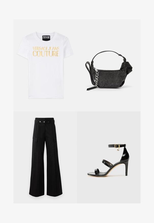 Baltas medvilninis marškinėliai su ryškiu auksiniu užrašu "VERSACE JEANS COUTURE" priekyje. Klasikinis apvalus kaklo dizainas, trumpomis rankovėmis.; Juodas off-the-shoulder viršus su drabužius drapiruojančia medžiaga, minkšta tekstūra ir prigludusia forma. Yra lygus, minimalistinis apvadas juosmens srityje.; Juodos platėjančios kelnės su aukštu juosmeniu, turinčios dideles šonines kišenes, dvi priekinės mygtukus ir kilpelės detalę. Pagamintos iš tvirto audinio.; Juodas patentuotas odinis sandalai su trimis diržais, kulkšnies sagtimi ir 4 colių stiletto kulnu. Yra aukso detalės ir logotipo žavesys.; Juodas rankinės krepšys su metaliniais įdėklais, grandinės petneša ir lygaus odos rankena, su apvalia forma ir užtrauktuku uždaromu skyriumi.