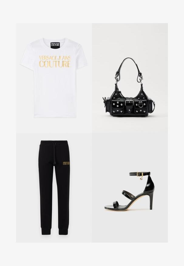 Valge puuvillane T-särk, mille esiküljel on julge kuldne tekst "VERSACE JEANS COUTURE". Klassikaline ümar kaelus, lühikesed varrukad.; Mustad pehmed dressipüksid, millel on elastne vöökoht ja nöör, ning kollane tikitud "VERSACE JEANS COUTURE" logo.; Must musta nahk sandaal kolme rihmaga, pahkluu vööga ja 4-tollise stilettakontsaga. Omab kuldset detaili ja logovõtit.; Must värvi nahast käekott, millel on kaarjas disain, hõbedased nupukesed, kinnitusahe ja kaks külgtaskut. Reguleeritav rihm erinevate kandmisvõimaluste jaoks.