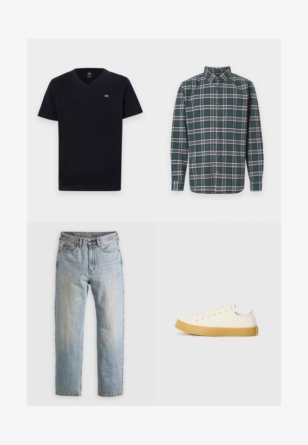 Fekete pamut póló V-nyakkal, rövid ujjakkal és egy kis fehér hímzett logóval a bal mellen. Sima textúra, klasszikus szabás.; Zöld flanel ing, kockás mintázattal, amely kék, fehér és mustár sárga vonalakból áll. Gombos elülső rész és hegyes gallér. Hosszú ujjak.; Világoskék farmernadrág magas derékkal, elülső gombbal, cipzárral és öt zsebbel, sima háttérre fektetve.; Krémszínű vászon sportcipő, kerek orral, bézs gumi talppal és öt fűzőlyukkal, a felső részen texturált felülettel.