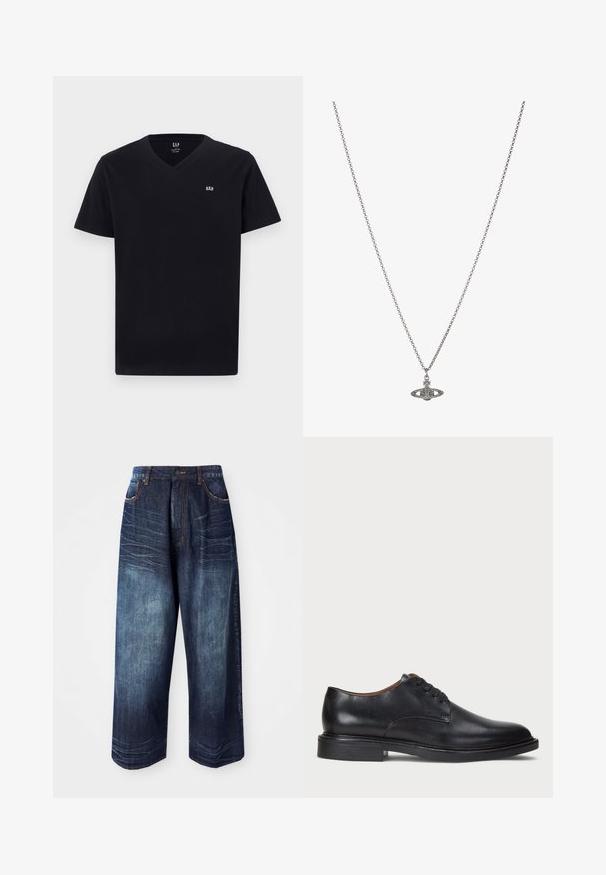 Črna bombažna majica s kratkimi rokavi in V-izrezom, z majhnim belim vezenim logotipom na levi strani prsi. Gladka tekstura, klasičen kroj.; Temno modri kavbojski široki hlače imajo visok pas, kontrastno šivanje, sprednje žepe in gladko površino s rahlim zbledelostjo.; Črne usnjene oblečne čevlje s krožno konico, zavezovanje z vezalkami in nizko plastiko. Gladka tekstura z minimalnimi šivi.; Srebrna verižica z obeskom v obliki planeta, okrašena z majhnimi detajli in zapletenimi vzorci.