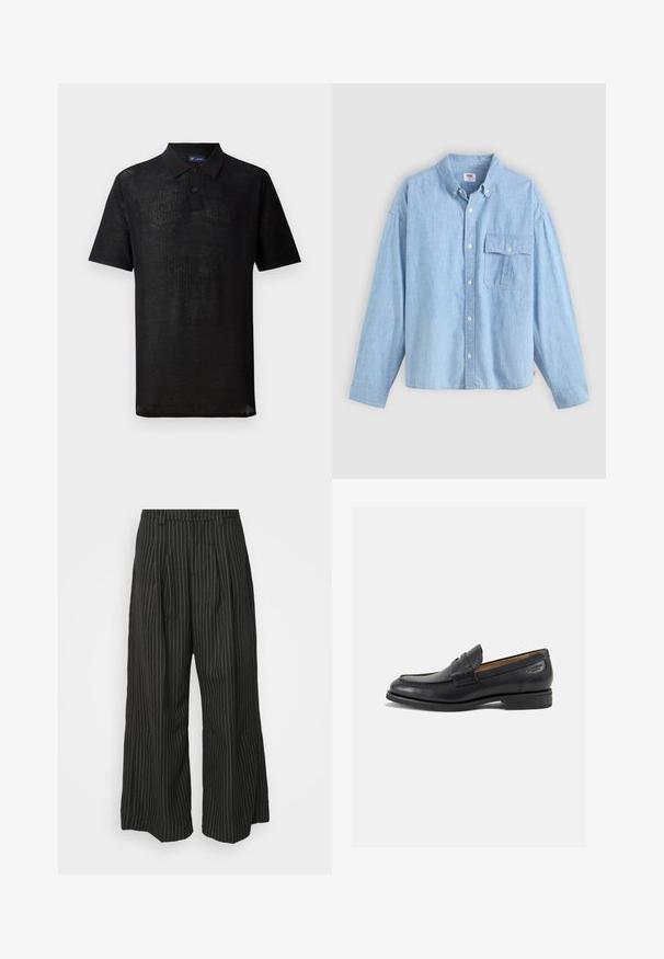 Zwarte polo met een textuur gebreide stof. Heeft korte mouwen, een kraag en een drieknoops sluiting. Lichtgewicht ontwerp, casual pasvorm.; Lichtblauwe button-up shirt gemaakt van chambray stof. Bevat een kraag, lange mouwen en een borstzak met een klep en knop.; Zwarte gestreepte wijde broek met plooien, met een op maat gemaakt ontwerp en een zachte textuur. Geen zichtbare hardware of accenten.; Zwarte leren loafers met een gladde afwerking, ronde neus en decoratieve stiksels op de wreef. Lage gestapelde hak en een lichte glans.