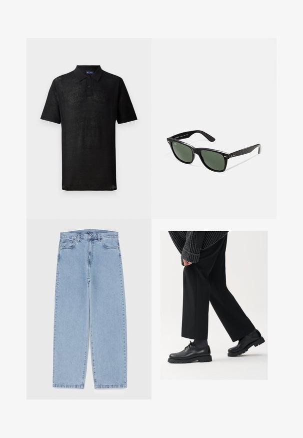 Melnas polo krekls, kas izgatavots no struktūras ada auduma. Tam ir īsas piedurknes, apkakle un trīs pogu josta. Viegls dizains, brīvs piegriezums.; Gai zila džinsu bikses ar taisnu kāju dizainu, kas piedāvā vidēju vidukļa augstumu, piecas kabatas un pogas un rāvējslēdzēja aizdari.; Melni ādas apavi ar noapaļotu purngalu, aukliņu dizainu un biezu, teksturētu zoli. Valkāti ar piegrieztām melnām biksēm un ribotu džempera.; Melnas plastmasas saulesbrilles ar zaļiem lēciem, kvadrātveida rāmjiem, sudrabainu akcentu uz uzacīm un teksturētām tempļu kājām. Zīmols norādīts uz iekšējās kājas.