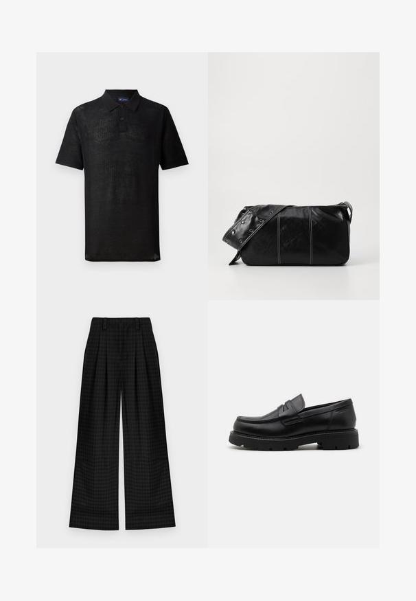 Polo preto feito de tecido de malha texturizada. Apresenta mangas curtas, um colarinho e uma pala com três botões. Design leve, ajuste casual.; Calças largas de cuadros pretos com pregas, apresentando uma textura suave e um design clássico. Tecido leve para conforto.; Mocassins de pele preta com bico redondo, detalhes texturizados na parte da frente e sola de borracha espessa com sulcos para melhor aderência.; Bolsa de ombro em couro preto com fecho em zíper, apresentando um corpo texturizado, costura branca e uma alça com ilhós prateados.
