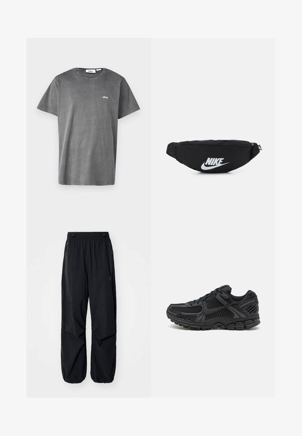 T-shirt cinza em algodão com mangas curtas, decote redondo e um pequeno logótipo branco "obey" no peito. Textura suave, design casual.; Calças cargo leves e pretas com uma cintura elástica, zíperes laterais e bolsos espaçosos. Apresentam um corte solto e bainhas ajustadas.; Sapatilha atlética preta com parte superior em malha, sola de borracha e toques texturizados. O design inclui um sistema de atacadores pronunciado e sola almofadada.; Mochila de cintura preta em nylon com fecho com zíper, apresentando um grande logótipo branco da Nike. Textura suave e design ergonómico para um uso confortável.