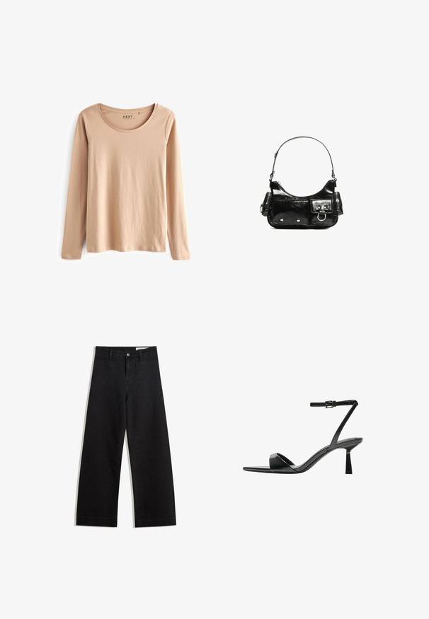 Next LONG SLEEVE STANDARD - Langarmshirt - neutral; Schwarze weit geschnittene Jeans mit hoher Taille, ausgestattet mit Vorder- und Hintertaschen, gesteppten Nähten und einem Knopfverschluss. Glatte Textur.; Bershka High Heel Sandalette - black; Schwarze Lackleder-Handtasche mit geschwungenem Design, einem Schulterriemen, Vordertaschen und silberfarbenen Hardware-Akzenten.