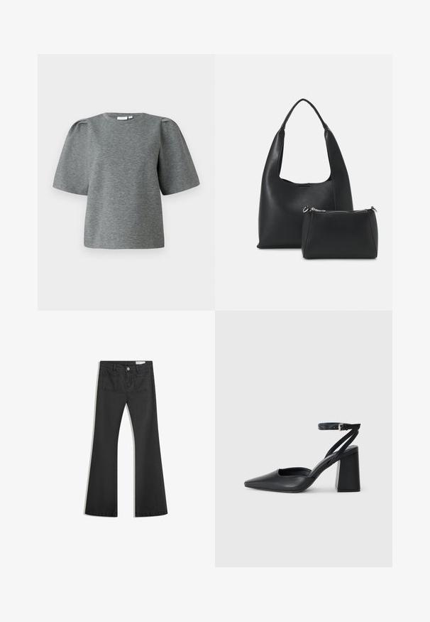 Szürke, rövid ujjú felső, puha anyagból készült, kerek nyakkal és enyhén puffos ujjakkal a nagyobb térfogat érdekében. Simább textúra, minta nélkül.; Fekete, sima textúrájú farmer flare nadrág, két hátsó zsebbel és gombos derékkal.; Fekete bőr, hegyes orrú magassarkú cipő boka pánttal és vastag sarokkal. Sima textúra, elegáns dizájn és minimális esztétika.; Even&Odd Kézitáska - black