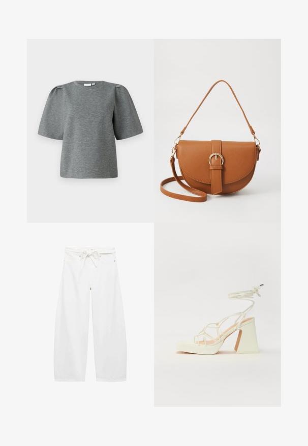 Siv zgornji del s kratkimi rokavi, izdelan iz mehkega materiala, z okroglo ovratnikom in rahlo napihnjenimi rokavi za dodano volumen. Gladka tekstura brez vzorcev.; Bela široka hlače iz lahkega materiala, s pasom na vrvico, dvema sprednjima žepoma in preprostimi kovinskimi dodatki.; Bela sandala na visokih petah s debelim petam, ki ima obliko trakcev in vezanje okoli gležnja. Gladka tekstura z platformo spredaj za dodatno višino.; Rjava usnjena torbica prek telesa s ukrivljeno obliko, zlate opreme in sponko. Ima odstranljiv naramni trak.