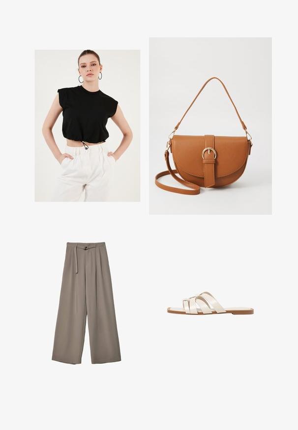 Zwarte cropped t-shirt met korte mouwen en elastische cinched zoom. Gecombineerd met hoge witte broeken. Glad katoen textuur.; Wijd nietenbroeken van een zachte, gedempte grijze stof, met een ceintuur in de taille en plooien voor extra ontwerpelementen. Gladde textuur, geen patronen.; Vlakke sandalen met een tan rubberen zool, ontworpen met drie overlappende witte leren banden en een kleine strikdetail in het midden.; Bruine leren schoudertas met een gebogen vorm, gouden hardware en een gespaccent. Bevat een afneembare schouderriem.