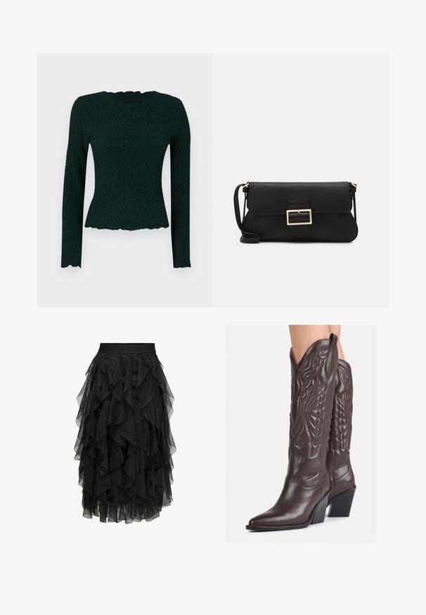 Ciemnozielona bluzka z długim rękawem, wykonana z strukturalnego materiału, z falbaniastym wykończeniem i okrągłym dekoltem. Dopasowany krój z elastycznego materiału.; Czarna midi spódnica z warstwowego tiulu o falbaniastym wzorze. Posiada elastyczny pas. Przezroczysty materiał dodaje faktury i ruchu.; Brązowe skórzane kowbojki z noskiem w kształcie migdała i blokowym obcasem, z detalicznym przeszyciem i podniesionymi akcentami na cholewce.; Czarna skórzana torebka kopertowa z klapką i detalem w postaci złotej metalowej klamry. Zawiera czarny pasek oraz elegancki, minimalistyczny design.