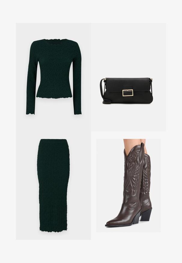 Tumed roheline pikkade varrukatega topp, millel on tekstureeritud kangas, laineline alläär ja ümar kaelus. Kitsas sobivus, veniv materjal.; Tume roheline, tekstuuriga, põlveliigini ulatuv seelik, millel on vormitud siluett ja laineline äär. Materjal tundub kortsuline ja sileda pinnaga.; Pruunid nahast cowboy saapad terava varbaga ja plokk-kandaga, millel on detailne tikand ja kergelt tõstetud aktsendid varrel.; Must haben musta nahkklahviga kott, millel on klapp ja kuldne metallist pandla detail. Kaasas must rihm ja stiilne, minimalistlik disain.