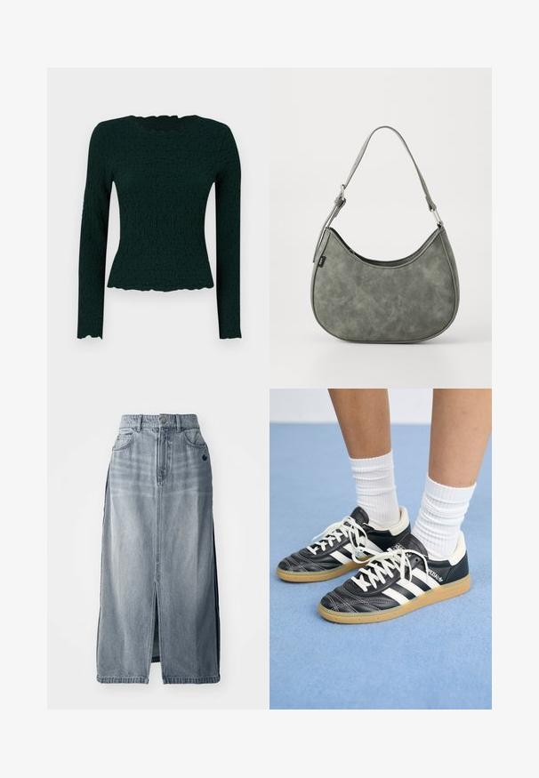 Tamsiai žalia ilgomis rankovėmis palaidinė, pasižyminti tekstūruotu audiniu, kreivėmis apatine dalimi ir apvaliu iškirpimu. Liesas siluetas su tampria medžiaga.; Šviesiai mėlyna džinsinė sijonas su priekiu skeltu, dviem kišenėmis ir logotipo detale. Yra aukštas juosmuo ir tiesi konstrukcija, pagaminta iš patvarios medžiagos.; Juodos odinės sportbačiai su baltais dryžiais, apvalia nosimi, baltais raišteliais ir guminiu padu. Pabrėžti paminkštinta apykakle ir prekių ženklų detalėmis.; Žalia dirbtinės odos peties rankinė su kreivu kontūru, reguliuojama dirželiu ir lygiu paviršiumi. Yra viršutinė atidarymo dalis ir minimalus siuvimo detalizavimas.