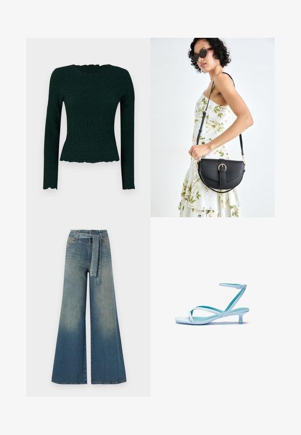 Top lung cu mânecă lungă de culoare verde închis, cu un material texturat, cu o linie de jos ondulată și un guler rotund. Se potrivește slim, cu un material elastic.; Pantaloni din denim largi, cu un gradient de la albastru deschis la albastru închis, talie înaltă, bucle pentru curea și o curea din același material. Finisaj texturat din denim.; Sandal cu barete subțiri de culoare albastru deschis, cu vârf pătrat, toc jos, curea de gleznă ajustabilă și finisaj neted, lucios. Barete încrucișate pe talpa interioară.; Geantă din piele neagră, cu o formă curbată, curea detașabilă și accesorii aurii. Geanta are un capac cu un detaliu tip cataramă.
