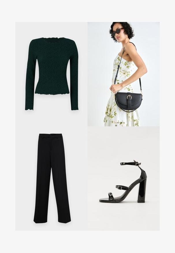 Dunkelgrünes Langarmoberteil aus strukturiertem Stoff mit welligem Saum und rundem Ausschnitt. Slim Fit mit dehnbarem Material.; Schwarze, weit geschnittene Hosen aus glattem Stoff, mit einem klassischen Taillenbund und einem Knopfverschluss sowie vorderen Falten.; Schwarze patentierte Sandalen mit Absatz, quadratischer Spitze, Knöchelriemen und silbernen Schnallen. Mit einem stabilen Blockabsatz für mehr Stabilität.; Schwarze Lederhandtasche mit geschwungener Form, abnehmbarem Tragegurt und goldenen Beschlägen. Die Tasche verfügt über einen Deckel mit einer Schnallen-Details.