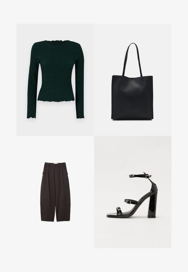 Temnozelen dolg rokav vrhnji del, ki se ponaša z teksturirano tkanino, valovitim robom in okroglim izrezom. Ozek kroj z raztegljivim materialom.; Črne široke hlače iz gladkega materiala, z visokim pasom, zgornjimi pregibi in stranskimi žepi. Preprost dizajn brez okrasnih elementov.; Črne lakirane sandale s peto, kvadratnim prstom, trakovi okrog gležnja in srebrnimi zaponkami. Opremljene so s stabilno Debelo peto.; Črna usnjena torba s svilnato teksturo, pravokotne oblike in dvema dolgima ročajema. Brez vidnih metalnih delov ali okrasnih elementov.