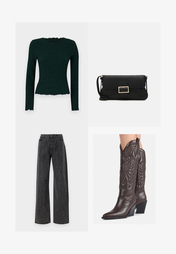 Tummanvihreä pitkähihaisessa paidassa on teksturoitu kangas, aaltoileva helma ja pyöreä kaula-aukko. Slim fit -malli joustavalla materiaalilla.; Noisy May NMJANNEL LOOSE - Relaxed fit -farkut - black denim; Ruske nahkasaappaat, joissa on terävä kärki ja laatikkokorko, varustettu yksityiskohtaisella ompelulla ja kohotetuilla yksityiskohdilla varsiosassa.; Musta nahkainen kynäpenkkilaukku, jossa on läppä ja kultainen metallinen solkiyksityiskohta. Mukana musta hihna ja tyylikäs, minimalistinen muotoilu.; Hopehope hopeilla, joissa on minimalistinen muotoilu. Pyöreä muoto, sileä pinta ja ohut profiili. Kevyet ja kiillotetut.