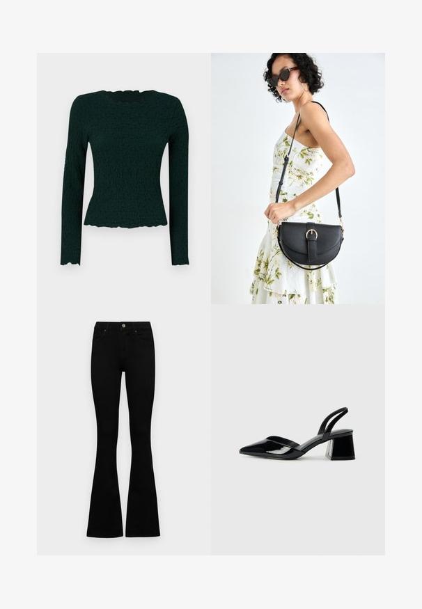 Tumed roheline pikkade varrukatega topp, millel on tekstureeritud kangas, laineline alläär ja ümar kaelus. Kitsas sobivus, veniv materjal.; Mustad kõrge vöökohtadega teksad, millel on nööp ja lukuga sulgemine, esikäe taskud ja laienevad sääred, asetatud tasasele valgele taustale.; Mustad musta lakknahk kingad, millel on terav varvas ja geomeetriline plokkkonts. Omab elegantselt minimalistlikku disaini ja sujuvat tekstuuri.; Mustmust mustraha kõverate joontega, eemaldatava rihmaga ja kuldsete detailidega. Kotil on klapp, millel on pandladetail.