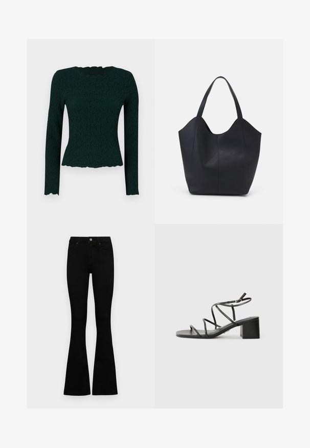 Mørkegrønn langermet topp med teksturert stoff, bølget nederkant og rund hals. Slim fit med stretchy materiale.; Sorte høytlivsjeans med knapp og glidelås, frontlommer og utsvingte bein liggende flatt på en hvit bakgrunn.; Svarte stroppesandaler med firkantet tå og tykk hæl, laget av glatt materiale. Har justerbare ankelstropper og minimalt med utstyr.; Svart tote-veske laget av glatt lær, med en buet, åpen topp og to skulderstropper, samt et minimalistisk design.