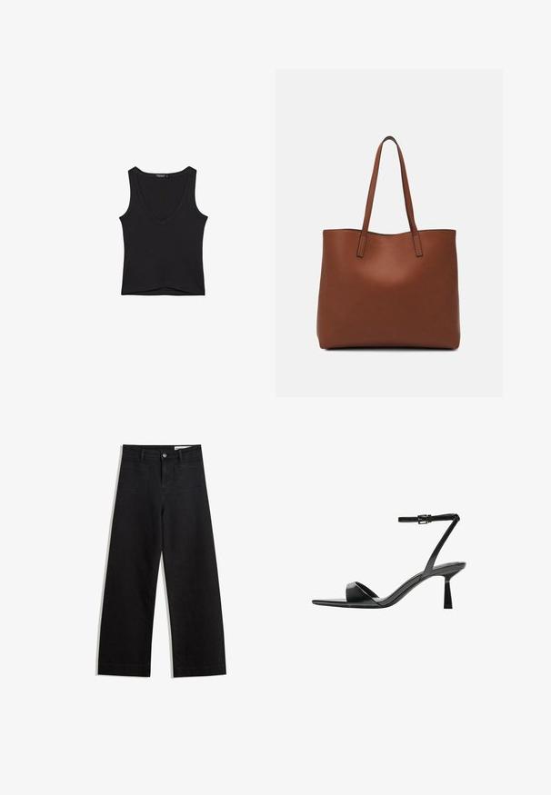 Čierny bezrukávový bavlnený top s výstrihom do V a rovný lem s úzkymi ramienkami, položený na bielom pozadí.; Čierne denimové nohavice s širokými nohavicami a vysokým pásom, so prednými a zadnými vreckami, šitými švami a zapínaním na gombík. Hladká textúra.; Bershka Sandále na vysokom opätku - black; Hnedá kožená taška na rameno s hladkou textúrou, otvoreným vrchom a dvoma ramenými popruhmi. Má minimálne šitia a žiadne viditeľné kovania.