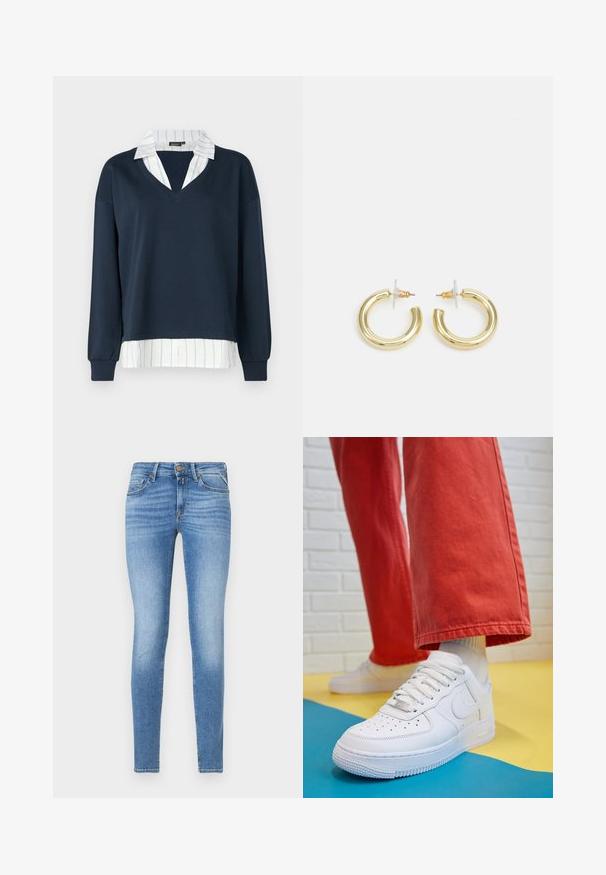 ONLY ONLFEEL V NECK - Φούτερ - navy; Μπλούζα από καραβόπανο σε ναυτικό μπλε με κουμπιά, γιακά και μανίκια τριών τετάρτων. Διαθέτει βολάν στη βάση και απαλή υφή.; Λεπτά μπλε τζιν παντελόνια με μεσαία μέση, μπροστινό κουμπί και σχέδιο πέντε τσεπών.; Λευκό δερμάτινο αθλητικό Παπούτσι με τρύπες στην μύτη, υφασμάτινη σόλα και λευκές κορδόνι, συνδυασμένο με φαρδιά κόκκινα παντελόνια και μπλε-κίτρινο φόντο.; Χρυσά σκουλαρίκια κρίκοι με ομαλή, γυαλιστερή επιφάνεια. Κυκλικός σχεδιασμός που διαθέτει μια μικρή βάση και διαφανή στήριξη για ασφαλή χρήση.