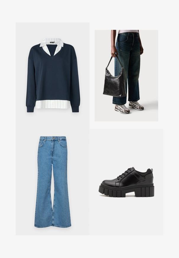 ONLY ONLFEEL V NECK - Mikina - navy; Světle modré rozšířené džíny z denimu, se zvýšeným pasem, pěti kapsami a jedním knoflíkem na zapínání. Měkký povrch s vybledlým vzhledem.; Černé kožené platformové boty s masivním blokovým podpatkem, kulatou špičkou a tradičním šněrováním. Mají hladký povrch a minimální detaily.; Černá kožená kabelka přes rameno se hladkým povrchem a nastavitelným popruhem, spárovaná s vybledlými džínami širokého střihu a sportovními teniskami.