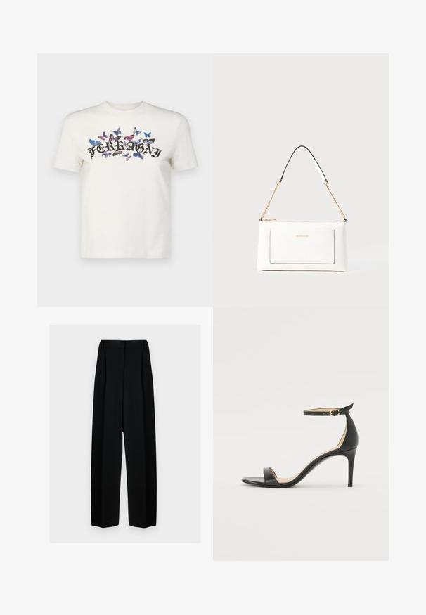 Biely bavlnený tričko s krátkymi rukávmi, ktoré má čierny potlačený logo "FERRAGNI" obklopené farebnými motýľmi.; Čierne široké nohavice s vysokým pásom, so skladmi a hladkou textúrou. Tkanina vyzerá ľahko a elegantne sa drapuje.; Čierne kožené sandále na vysokom podpätku s popruhom okolo členka. Vlastnosti hladkého povrchu, otvorenej špičky a tenkého podpätku. Detail zlatého spony.; Biele kožené kabelka s textúrovaným povrchom, ktorá má zlatý retiazkový popruh a čierne akcenty. Obsahuje prednú kapsu a zipsové zapínanie.