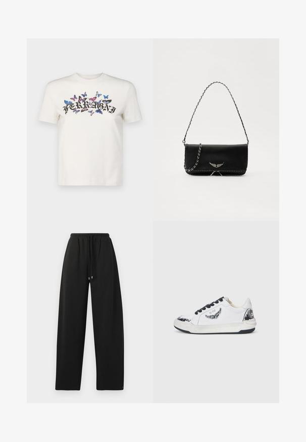 White cotton t-shirt with short sleeves featuring a black printed "FERRAGNI" logo surrounded by colorful butterfly designs.; Black sweatpants with a relaxed fit, elastic waistband, drawstring closure, and side seams. Made from a soft, smooth fabric.; White sneaker with black accents, featuring a textured design on the side, black laces, and a rubber sole. Logo and artwork on the upper.; Black leather handbag with a silver chain strap, featuring decorative wing accents and white stitching along the bottom seam.