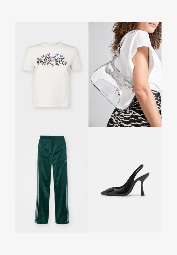 Valkoinen puuvillapaita lyhyillä hihoilla, jossa on musta painettu "FERRAGNI" -logo, jota ympäröivät värikkäät perhosisuunnitelmat.; Tummanvihreät urheiluhousut, jotka on valmistettu kiiltävästä materiaalista. Housuissa on vaaleanharmaat sivuviivat ja embroidered logo vasemmassa jalassa.; Musta nahka slingback-kengät, joissa on terävä kärki, kapea korko ja koristeellinen rusetti. Sileä pinta ja tyylikäs muotoilu.; Hopeinen metallinen olkalaukku, jossa on sileä pinta, kaareva muotoilu, ketjuolkaimet ja kiiltävä etupaneeli, jossa on hienovarainen logon kaiverrus.; Hopeakorvakorut, joissa on virtaava, spiraalimainen muotoilu. Sileä pinta, jossa on kiiltävä viimeistely. Ominaisuuksina hienovarainen kiilto ja ei näkyviä koristeita.