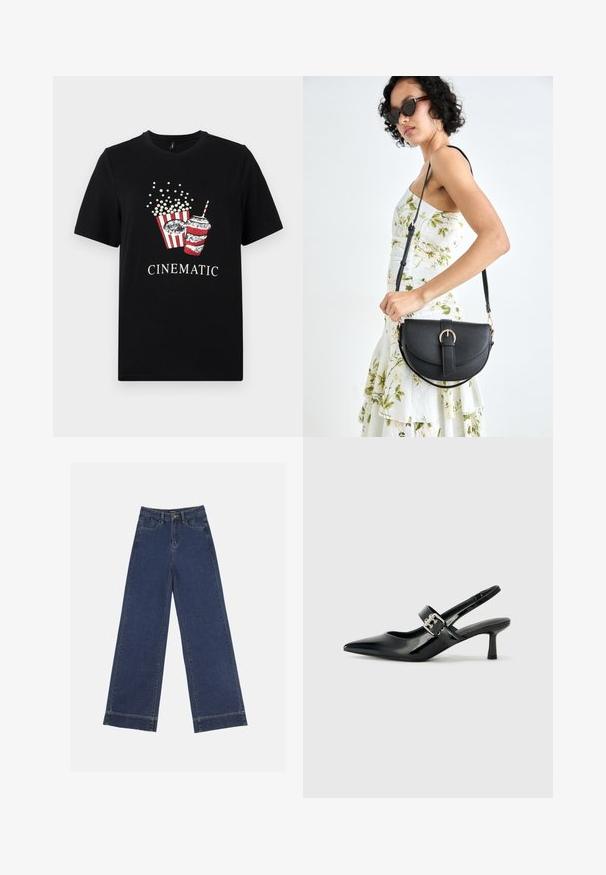 Black cotton t-shirt featuring a graphic of popcorn and a drink. The design includes red and white stripes, with the word "CINEMATIC" in white.; Wide-leg jeans in dark blue denim. Features five pockets, belt loops, and a raw hem at the bottom with visible stitching details.; Black patent leather slingback heels with a pointed toe and a small block heel, featuring a silver buckle accent on the strap.; Black leather handbag with a curved shape, detachable strap, and gold hardware. The bag features a flap with a buckle detail.