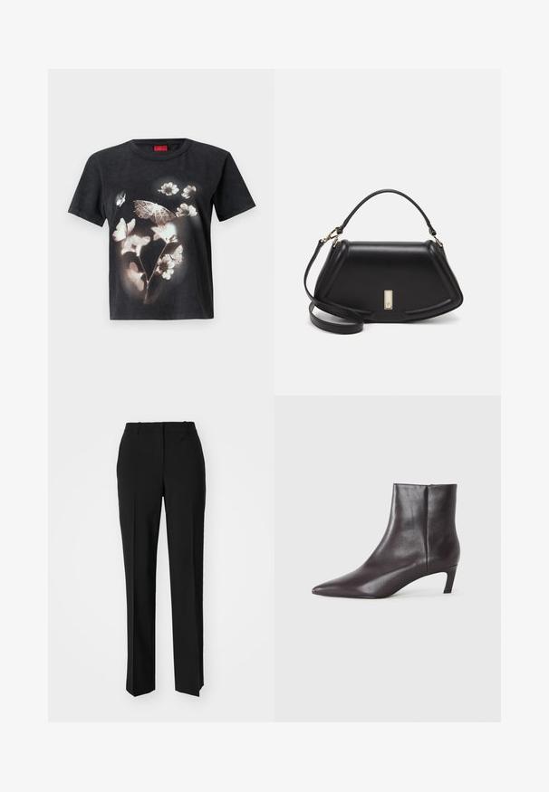 Sort bomulds T-shirt med et stort hvidt grafisk motiv af blomster og sommerfugl på forsiden. Kortærmede og med rund halsudskæring.; Sorte skræddersyede bukser med lige ben-design, der har en glat tekstur og skarpe folder langs fronten. Ingen synlige hardware.; Sort læder ankelstøvle med spids tå og lav kittenhæl, glat finish, lynlås i siden, vist på en neutral baggrund.; Sort læderhåndtaske med en struktureret design, der har en kortet form, tophåndtag og guld hardware-accenter. Justerbar skulderrem inkluderet.