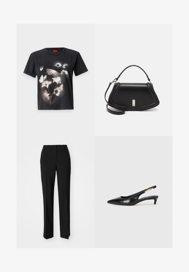 Sort bomulds T-shirt med et stort hvidt grafisk motiv af blomster og sommerfugl på forsiden. Kortærmede og med rund halsudskæring.; Sorte skræddersyede bukser med lige ben-design, der har en glat tekstur og skarpe folder langs fronten. Ingen synlige hardware.; Sorte læder slingback hæle med spids tå, der har en slank hæl og en guldfarvet detalje på den justerbare rem. Glat tekstur.; Sort læderhåndtaske med en struktureret design, der har en kortet form, tophåndtag og guld hardware-accenter. Justerbar skulderrem inkluderet.