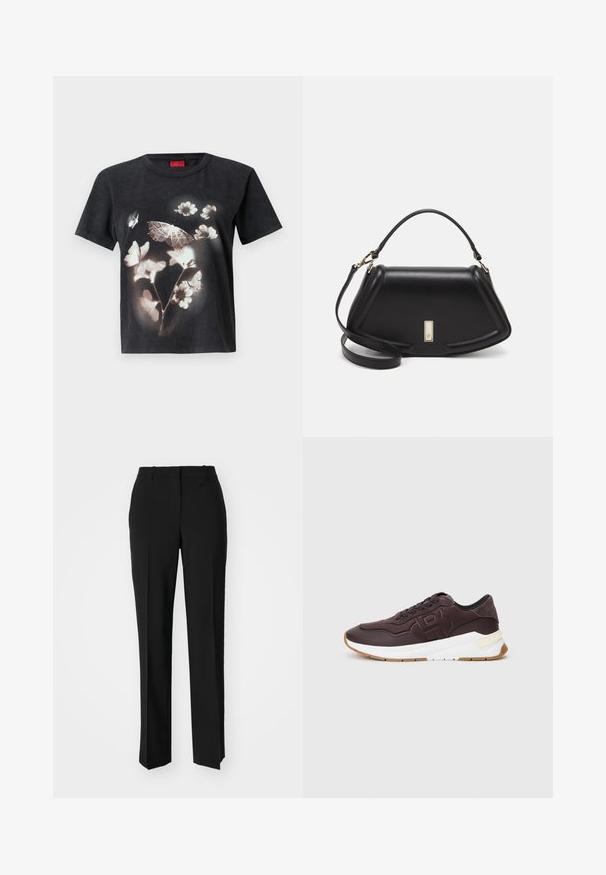 Camiseta de algodón negra con un gran gráfico floral y de mariposa en blanco en la parte delantera. Mangas cortas y escote redondo.; Pantalones negros ajustados con un diseño de pierna recta, que presentan una textura suave y pliegues nítidos en el frente. Sin herrajes visibles.; Zapatilla marrón oscura con forro negro, logo en relieve en el lateral, suela blanca gruesa y suela de color goma sobre un fondo plano.; Bolso de mano de cuero negro con un diseño estructurado, que presenta una forma recortada, asa superior y acentos en dorado. Correa de hombro ajustable incluida.