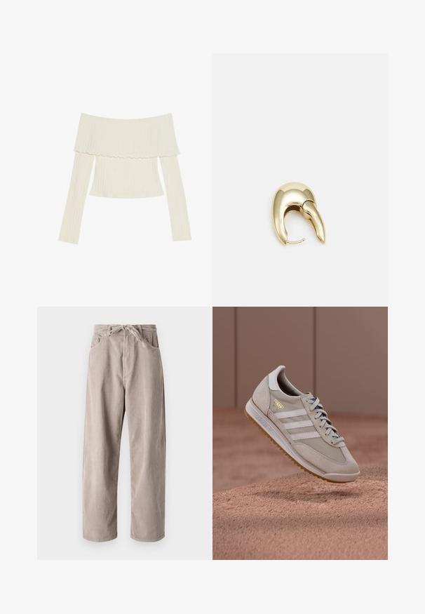 Off-the-shoulder ribbed top in cream color, featuring a ruffled neckline and long sleeves with a fitted silhouette. Overall smooth texture.; Beige corduroy trousers with a loose fit, featuring a drawstring waist, two front pockets, and vertical ribbed texture.; Beige sneakers with suede and mesh upper, white three stripes, gum rubber sole, blue laces, and golden accent logo. Classic retro design.; Gold-tone metal earring with a sleek, curved design. Features a distinctive pointed shape, polished surface, and hinge closure.