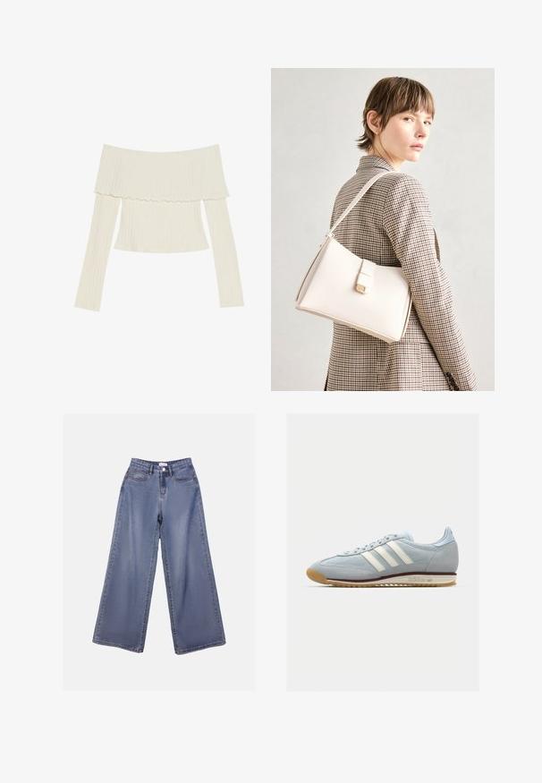 Off-the-shoulder ribbed top in cream color, featuring a ruffled neckline and long sleeves with a fitted silhouette. Overall smooth texture.; Wide-leg denim jeans in a light blue wash, featuring a high waist, front pockets, and a button closure with belt loops.; Light blue suede sneaker with white three stripes, rubber sole, and textured mesh. Features a smooth toe cap and branding on the heel.; White leather handbag with a structured design, featuring a magnetic clasp and a shoulder strap, showcased against a neutral background.
