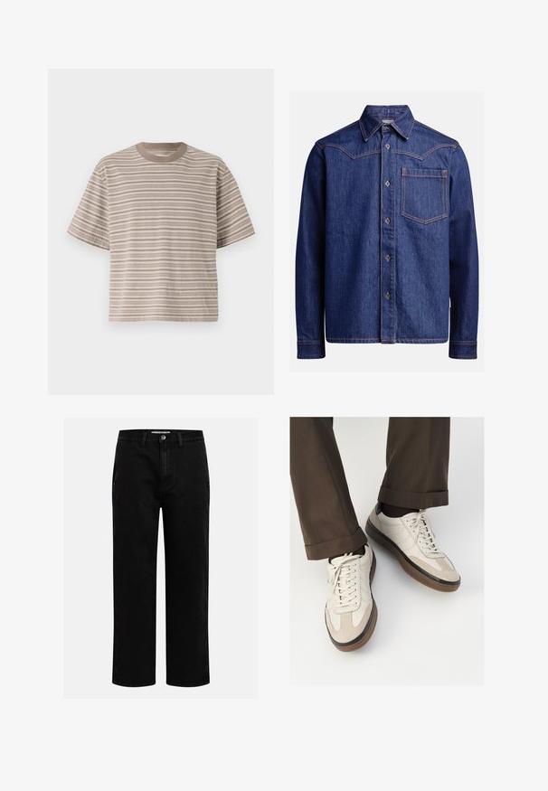 Csíkos, rövid ujjú póló bézs árnyalatokban, kerek nyakkivágással, puha anyagból készült, laza szabással, világos és sötét vízszintes csíkokkal váltakozva.; Sötétkék farmer hosszú ujjú ing hegyes gallérral, gombos elülső résszel, mellzsebbel és kontrasztos narancssárga varrással.; Fekete farmernadrág egyenes szabással, klasszikus öt zsebes kialakítással és gombos derékkal. Simább textúra és tartós anyag.; Beige sportcipők, texturált velúr elülső résszel, sima bőr oldalakkal és barna gumitalppal. Fűzők és világos varrási részletek is megtalálhatók.