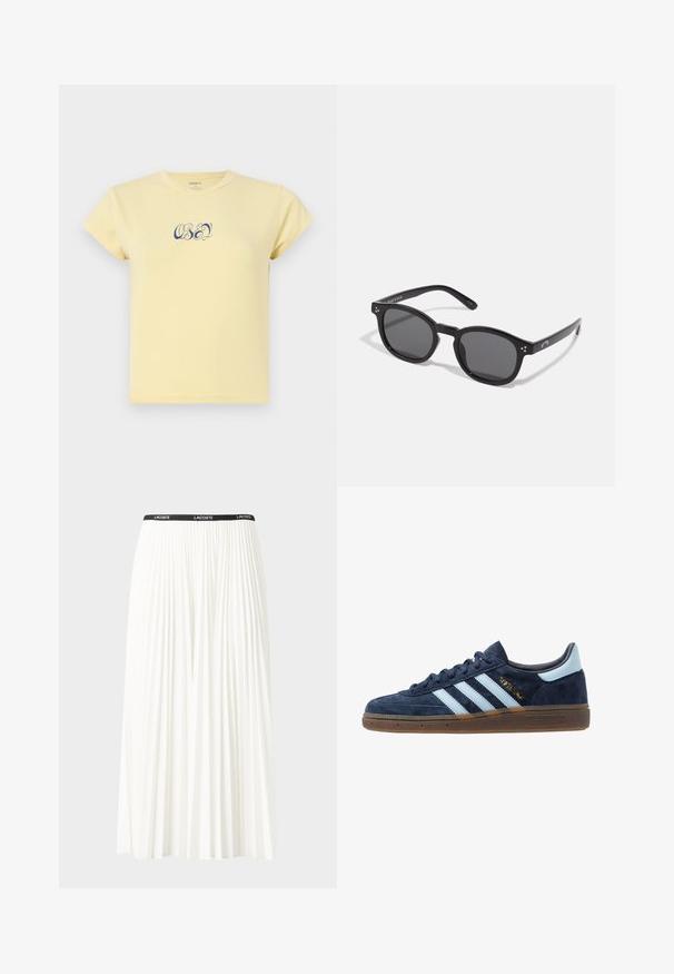Dzeltena kokvilnas t-krekls ar apaļu kakla izgriezumu un īsām piedurknēm, ar zilu teksta logo "OBEY" dekoratīvā fontā uz priekša.; Gari plānas baltas svārku ar melnu elastīgu jostu, uz kuras redzams "LACOSTE" logo. Vidēja garuma dizains ar mīkstu tekstūru.; Jūras zilas zamša Adidas sporta apavi ar gaiši zilām strēmēm, gumijas zole, gaiši zila papēža cilpa un zelta "Spezial" emblēma sānos.; Melni ovāli saulesbrilles ar tumšiem stikliem, resniem rāmjiem un sudraba punktu akcentiem uz sāniem. Gluda plastmasas materiāls, mūsdienīgs dizains.