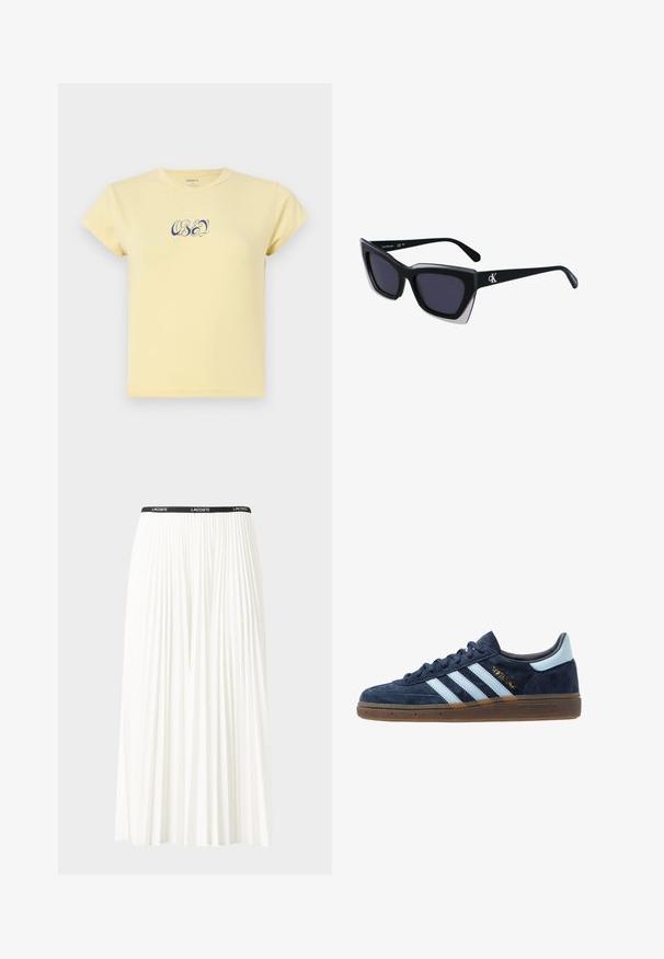Gelbes Baumwoll-T-Shirt mit rundem Halsausschnitt und kurzen Ärmeln, mit blauem Textlogo "OBEY" in dekorativer Schrift auf der Vorderseite.; Faltenrock aus Weiß mit einem schwarzen elastischen Bund, der das "LACOSTE"-Logo trägt. Mittellanges Design mit weicher Textur.; Marineblaue Wildleder Adidas Sneaker mit hellblauen Streifen, Gummisohle, hellblauer Fersenkappe und goldener "Spezial"-Markierung an der Seite.; Schwarze übergroße Sonnenbrille mit geometrischer Form, ausgestattet mit dunklen Gläsern und einem kontrastierenden grauen Detail im Rahmen. Logo am Bügel.