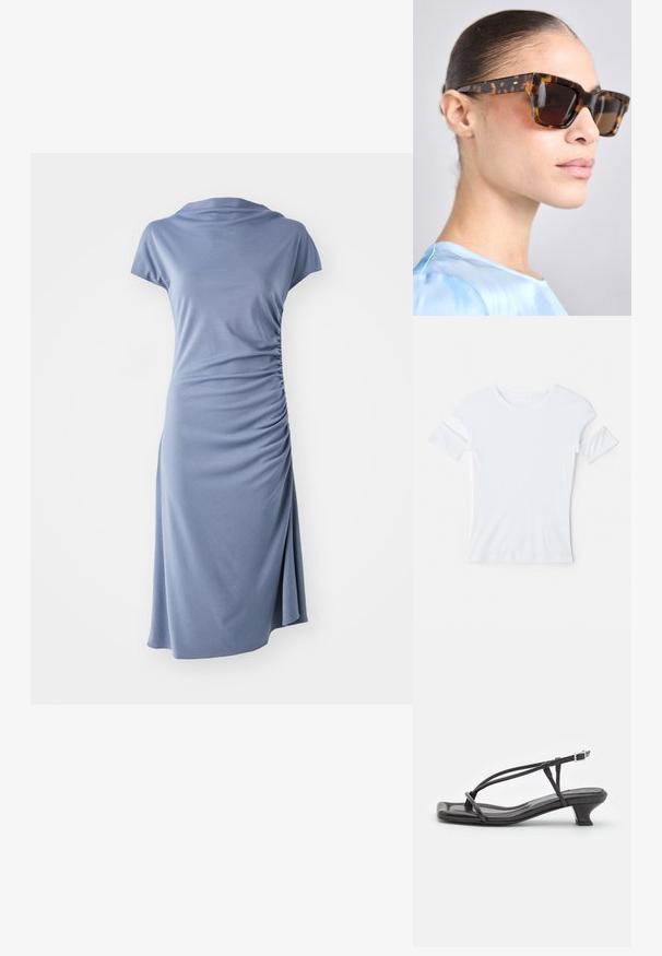 Weißes Baumwoll-T-Shirt mit Rundhalsausschnitt, kurzen Ärmeln mit Ausschnittakzenten und tailliertem Design. Glatte Textur, minimale Details.; Kurzärmliges Kleid aus hellblauem Stoff mit einem Schalkragen und seitlichem Raffen, entspannter Silhouette und knielangem Saum.; Schwarze Leder-Sandale mit dünnen Riemen, niedrigem Blockabsatz und quadratischer Spitze. Sie verfügt über einen Schnallenverschluss und eine glatte Textur.; Schildpatt-Sonnenbrille mit einem massiven, rechteckigen Rahmen. Dunkle Gläser und goldfarbene Akzente an den Bügeln. Glatte, glänzende Oberfläche.; Weiße, strukturierte Clutch mit einem gerafften Design, ausgestattet mit einem goldenen Kettenriemen. Glatte Oberfläche mit subtilen Wellen und abgerundeten Kanten.; Silberne Perlenohrringe in geschwungener Bohnenform. Glatte, glänzende Oberfläche und mit einem Stecker- und Rückverschluss gesichert.