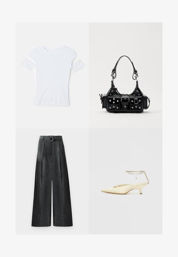 Weißes Baumwoll-T-Shirt mit Rundhalsausschnitt, kurzen Ärmeln mit Ausschnittakzenten und tailliertem Design. Glatte Textur, minimale Details.; Weite Hosen in Dunkelgrau, mit glatter Textur, Falten und einem Gürtel mit silberner Schnalle in hoher Taille.; Spitze, gelbe Satin-Slingback-Schuh mit niedrigem Absatz und einem dekorativen Kettenknöchelriemen mit Strasssteinen. Glatte Textur, minimalistisches Design.; Schwarze Lederhandtasche mit einem geschwungenen Design, verziert mit silbernen Nieten, einer Schnalle und zwei seitlichen Taschen. Verstellbarer Träger für verschiedene Tragemöglichkeiten.
